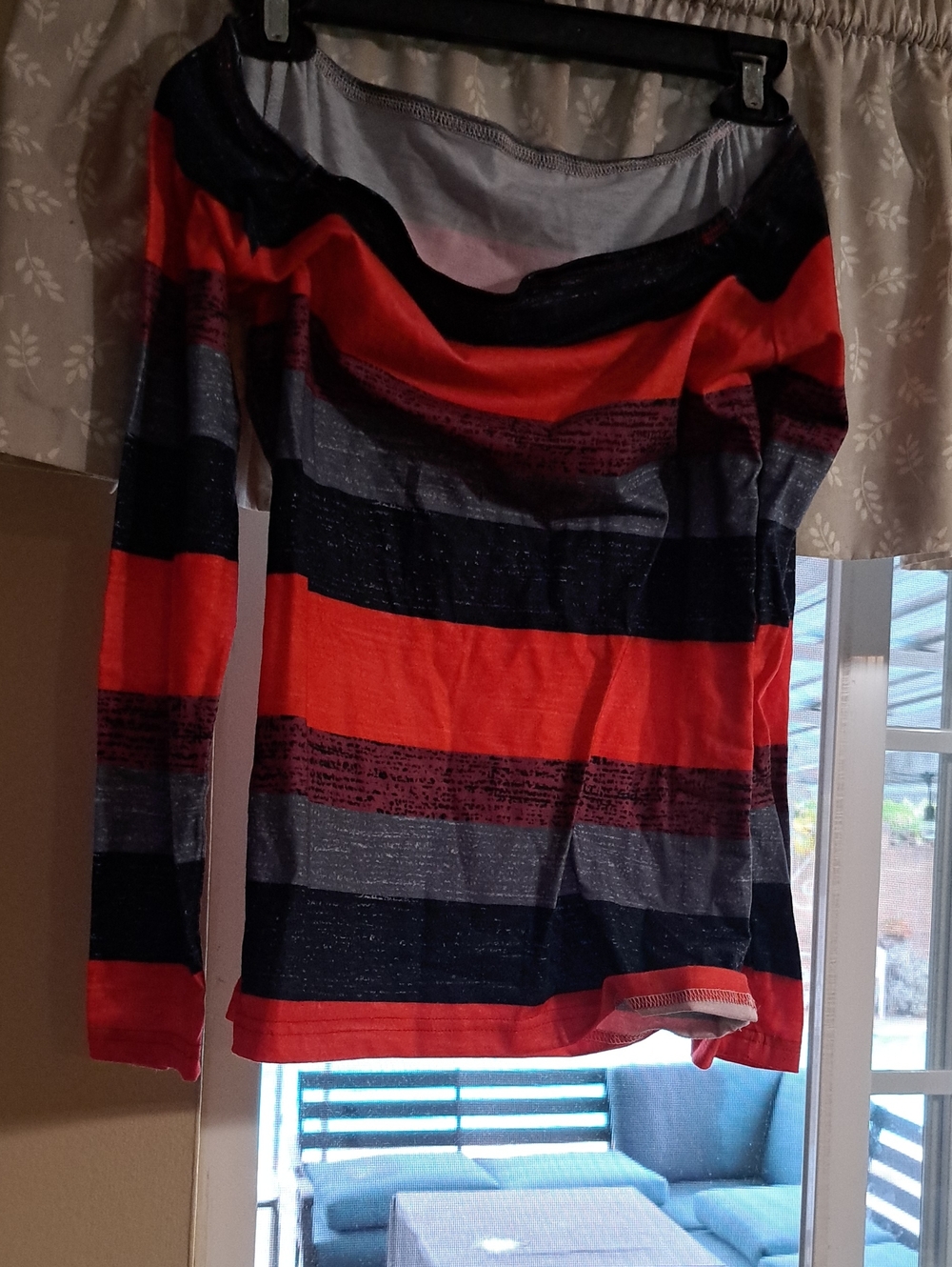 Source Unknown Red, Black and Gray Striped Off-Shoulder Sweater
